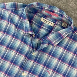 Tommy Bahama The Siesta Key Mens Shirt XXL Blue Plaid Silk Long Sleeve Button Up